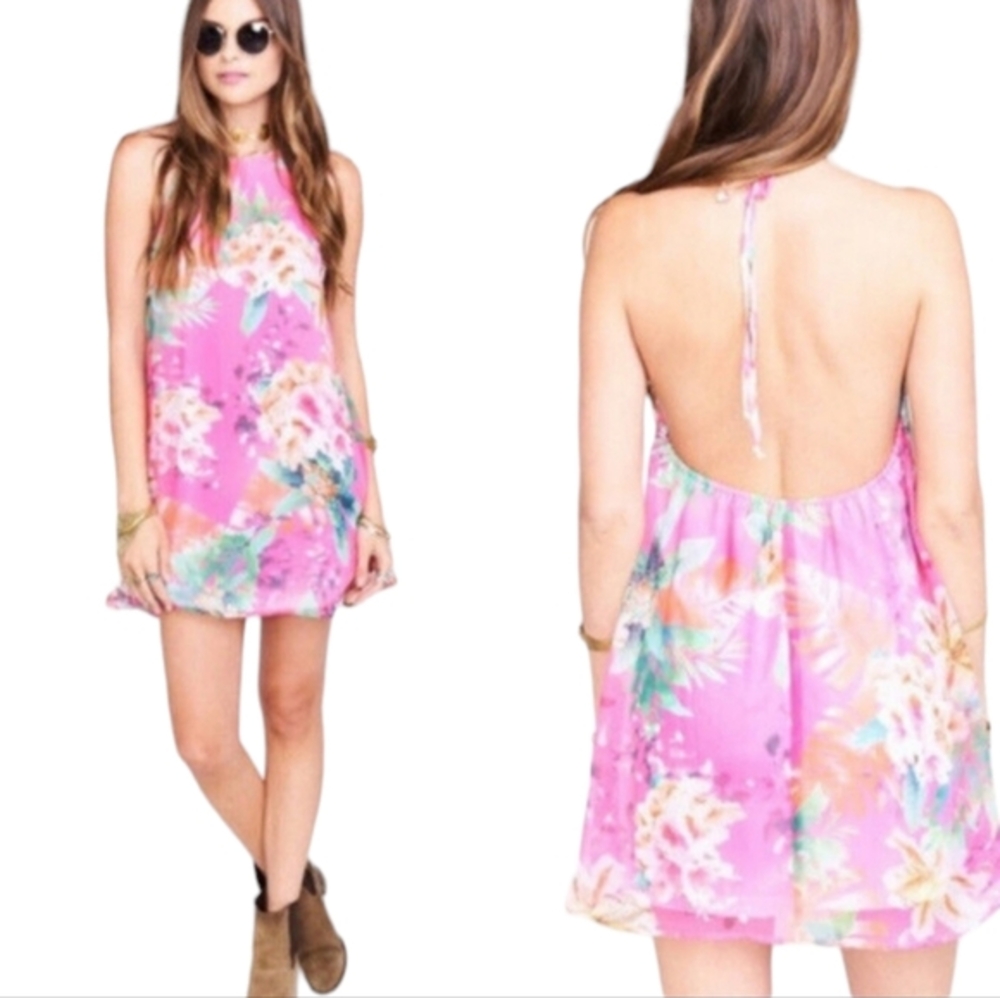 Show Me Your Mumu Katy Halter Mini Dress Tropical Barbiecore Floral Womens Small